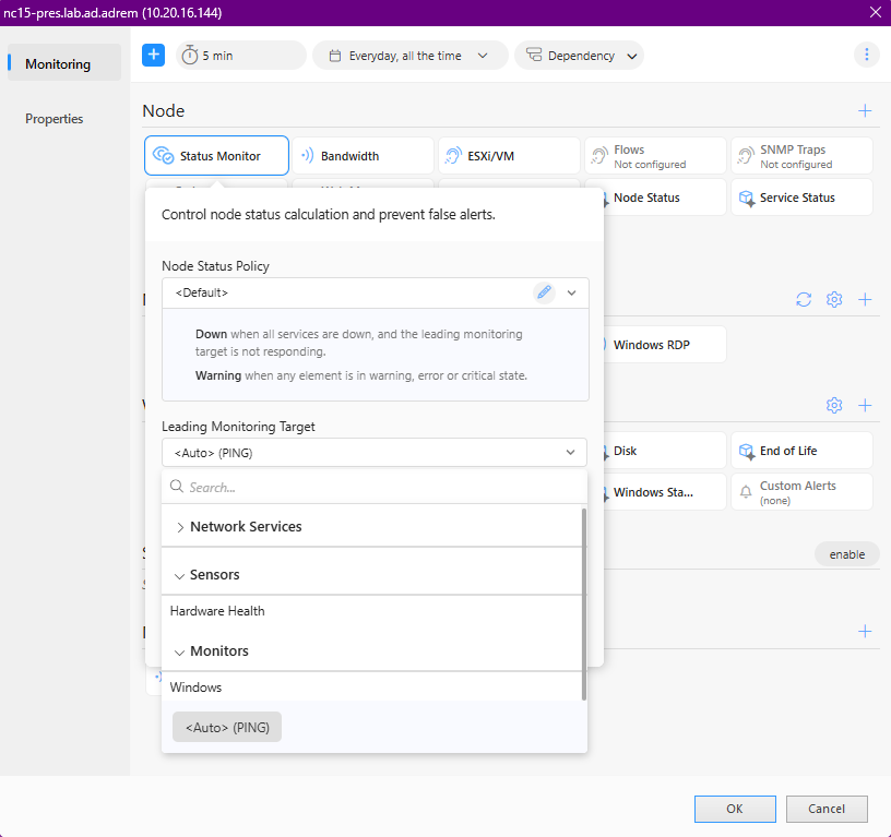 Leading monitoring target setting in NetCrunch Node Status Monitor